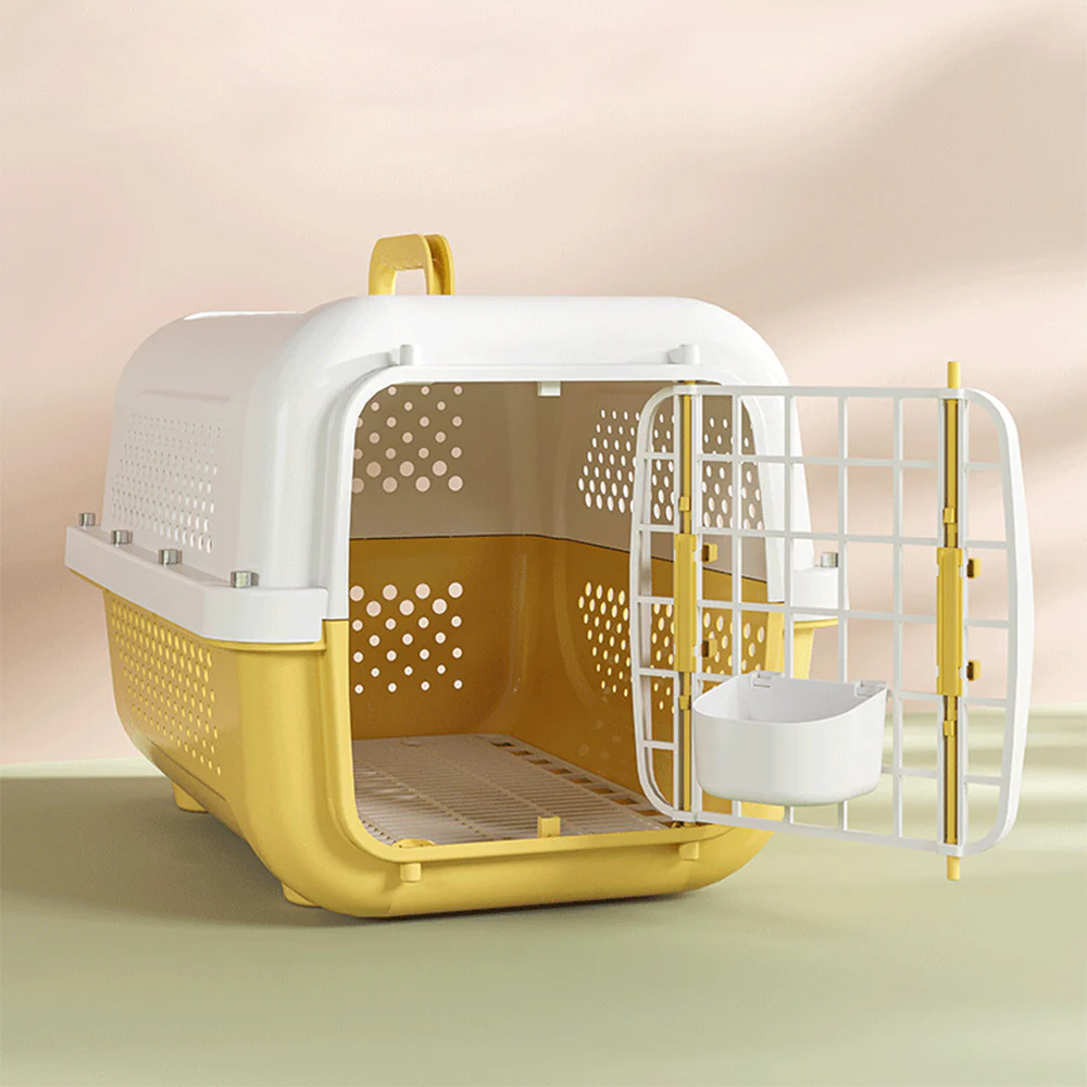 Air Traveller Portable Pet Carrier for Cats & Small Dogs – Cream Yellow, with Tray & Bowl - Image 4