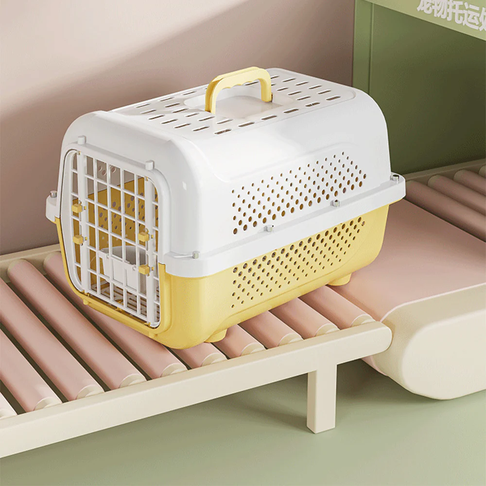 Air Traveller Portable Pet Carrier for Cats & Small Dogs – Cream Yellow, with Tray & Bowl - Image 7