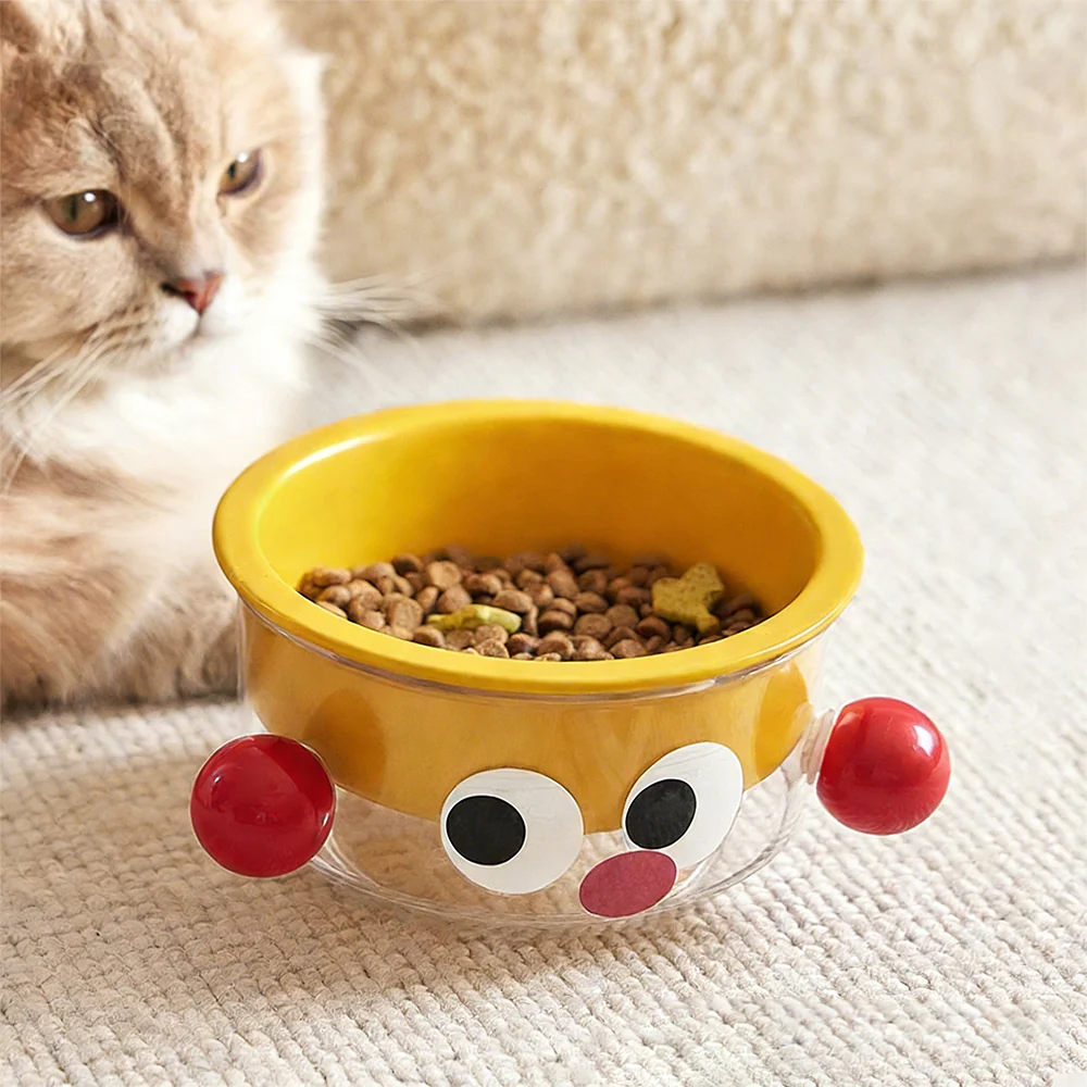 Anti-Tip Ergonomic Food & Water Bowl Set Ceramic Double Cat Bowl - Yellow Big Eye - Image 4