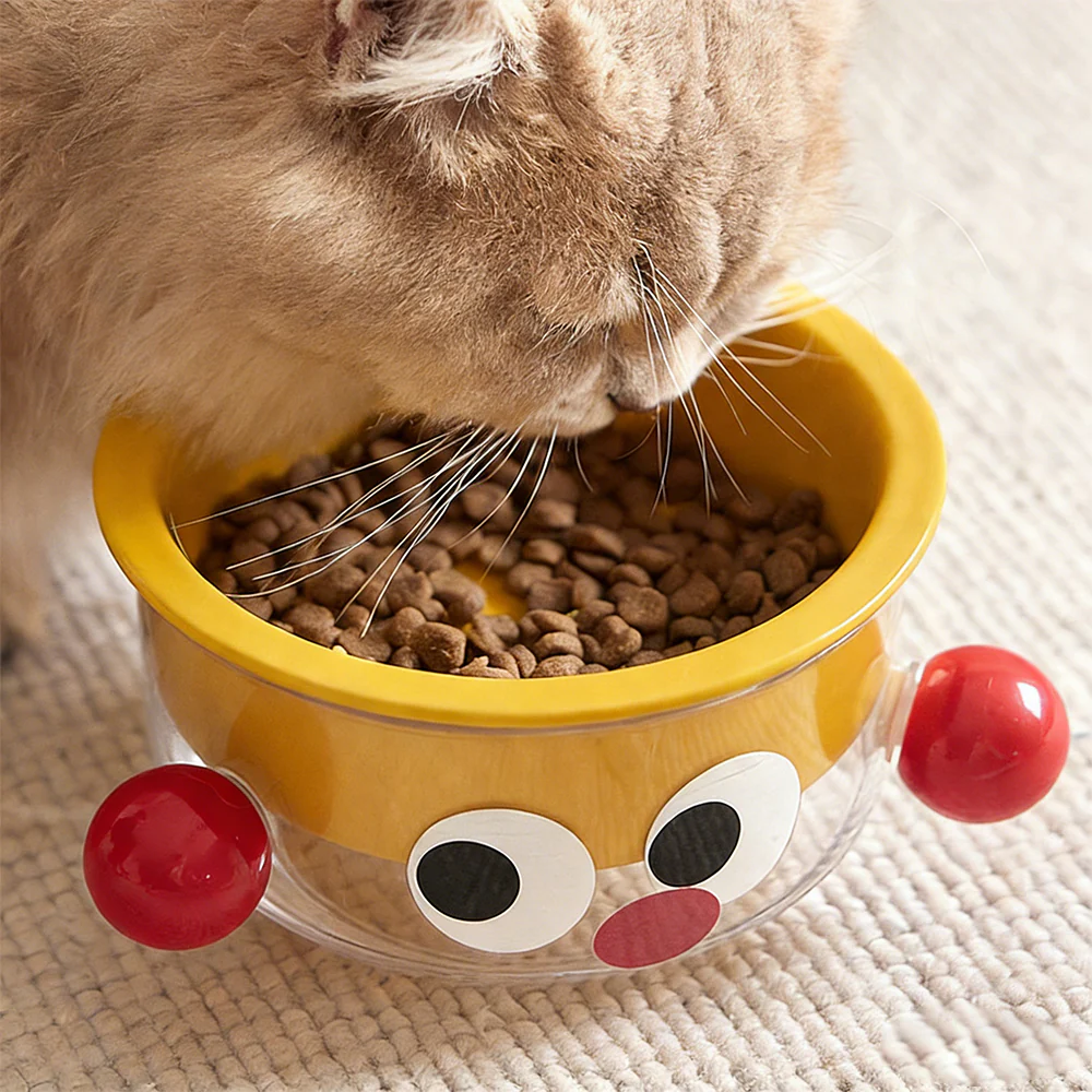 Anti-Tip Ergonomic Food & Water Bowl Set Ceramic Double Cat Bowl - Yellow Big Eye - Image 6