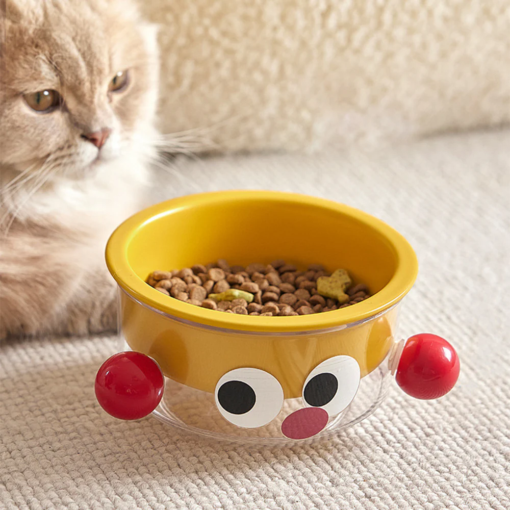 Anti-Tip Ergonomic Food & Water Bowl Set Ceramic Double Cat Bowl - Yellow Big Eye - Image 7