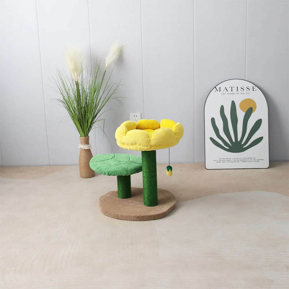 CATIO 2 Level Yellow Camellia Flower Cat Scratching Tree - Image 3