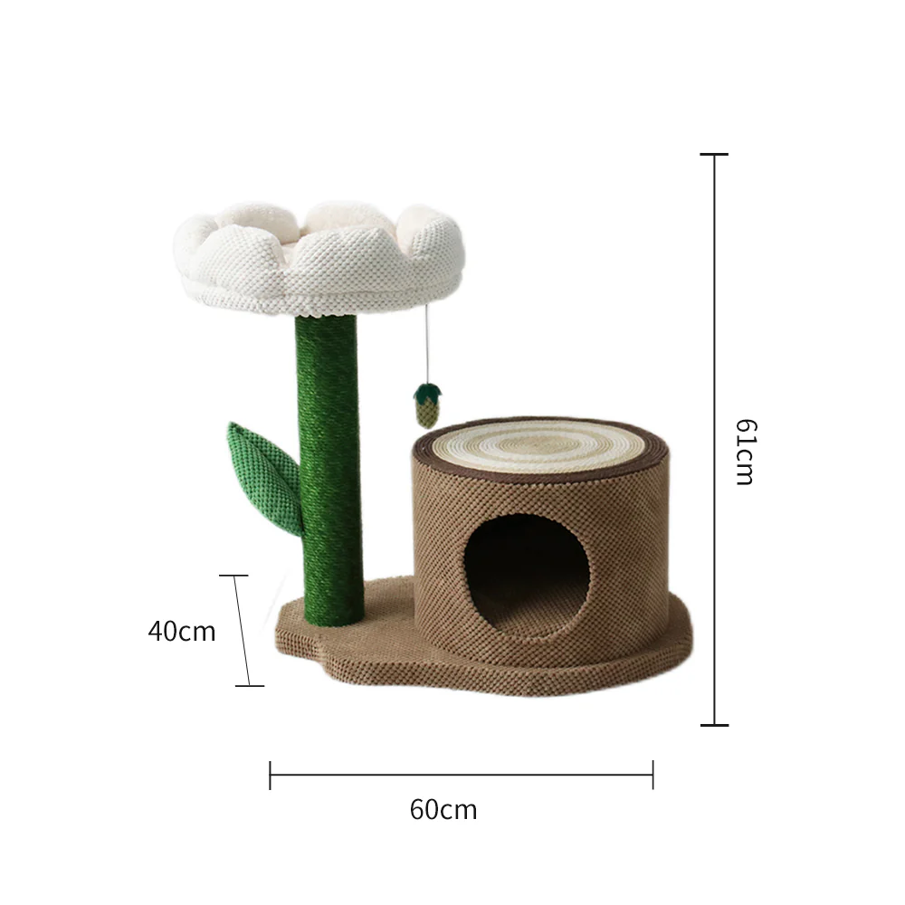 CATIO Log Cat House with White Camellia Cat Scratching Tree - Image 2