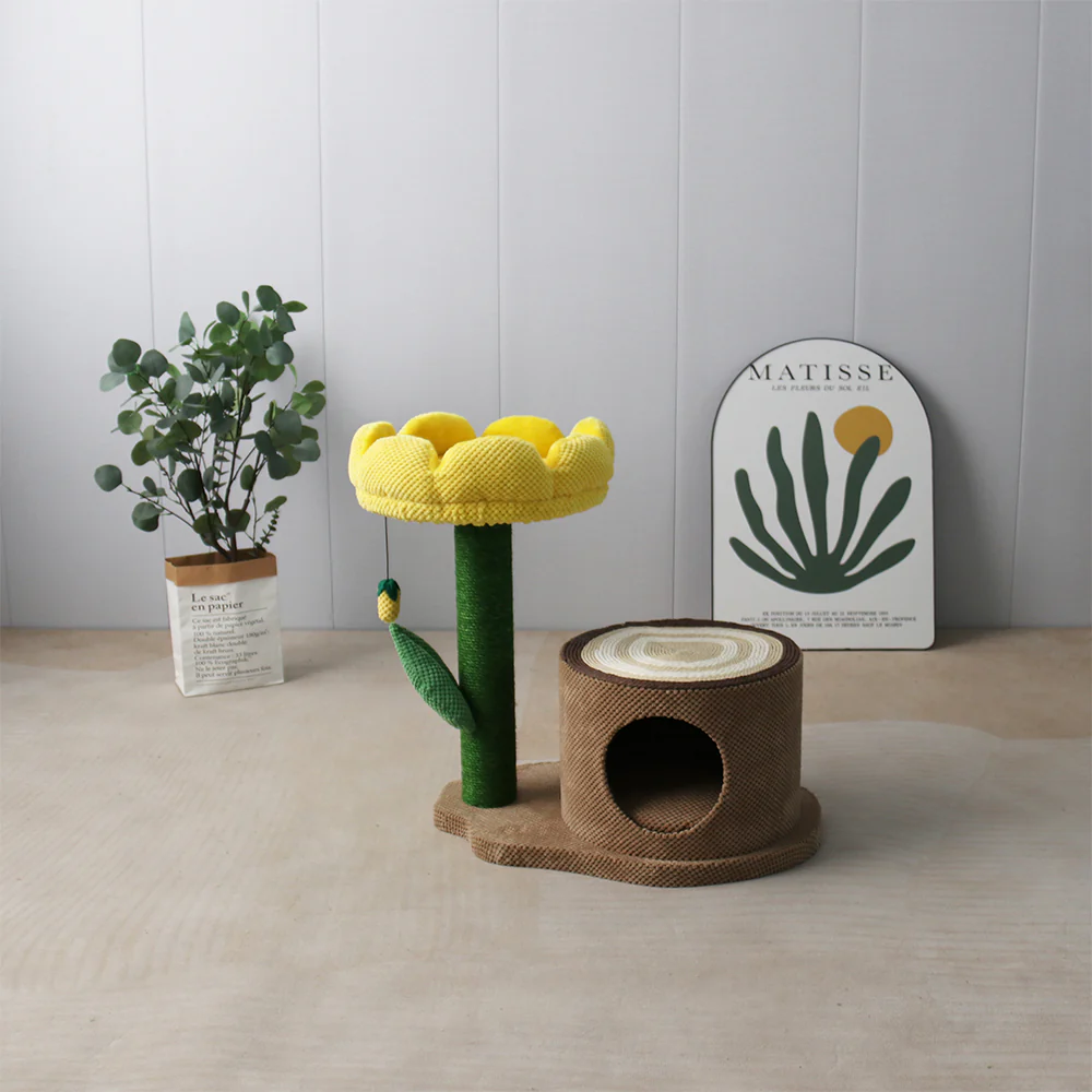 CATIO Log Cat House with Yellow Camellia Cat Scratching Tree - Image 5