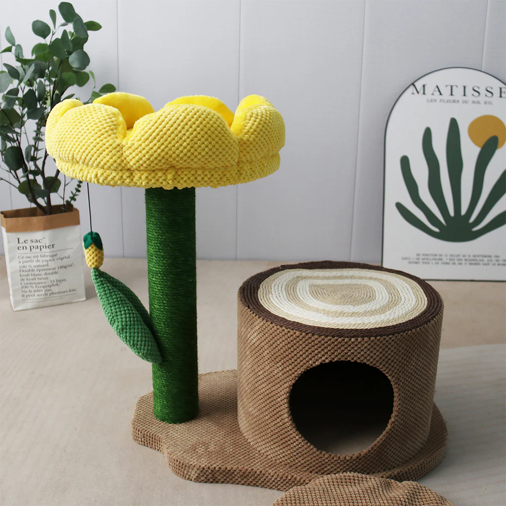 CATIO Log Cat House with Yellow Camellia Cat Scratching Tree - Image 6