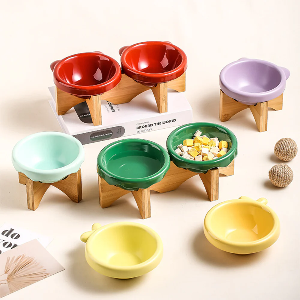 Ceramic Pet Bowl With High Wooden Stand 220ml - Image 5