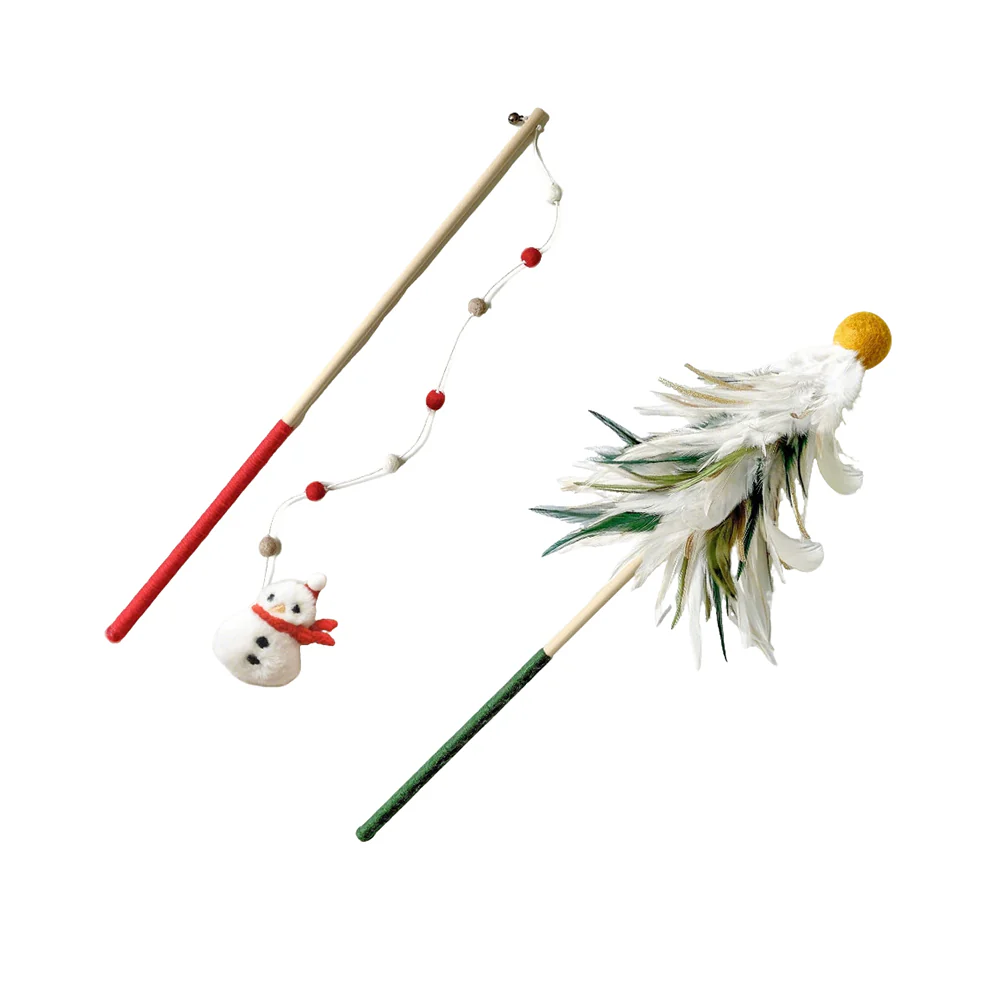 Christmas Cat Teaser Wand with Bell - Interactive Long Rod Toy