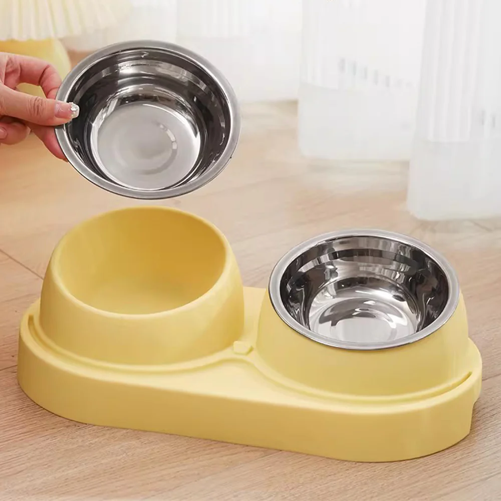 Cream Yellow Elevated Tilted Double Cat Bowl - Image 3