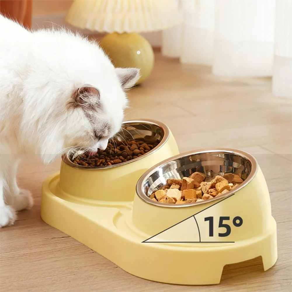 Cream Yellow Elevated Tilted Double Cat Bowl - Image 4