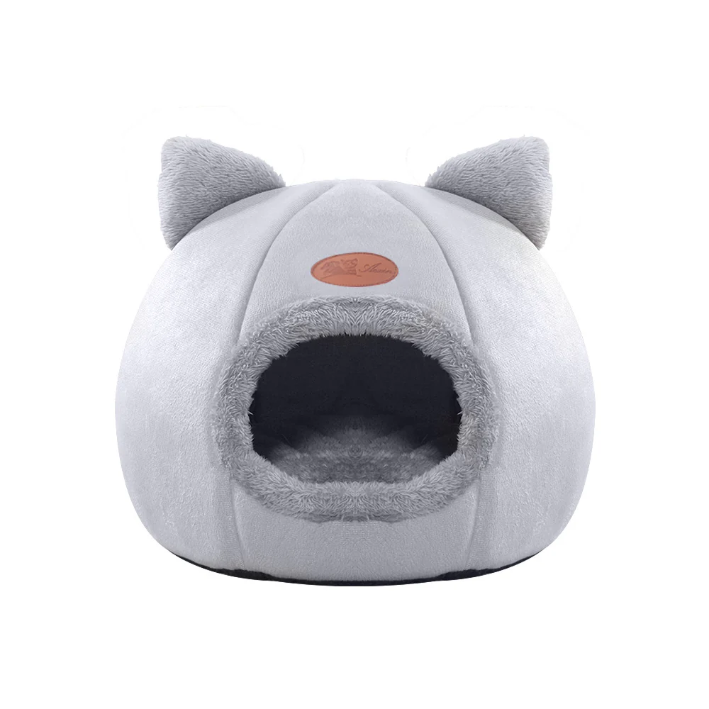 Enclosed Cat Bed House Cozy Warm Grey Large