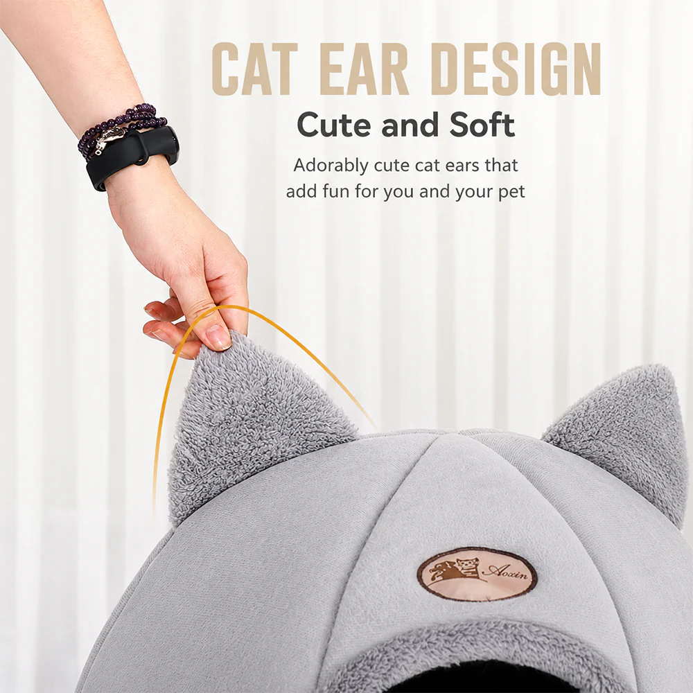 Enclosed Cat Bed House Cozy Warm Grey Large - Image 10