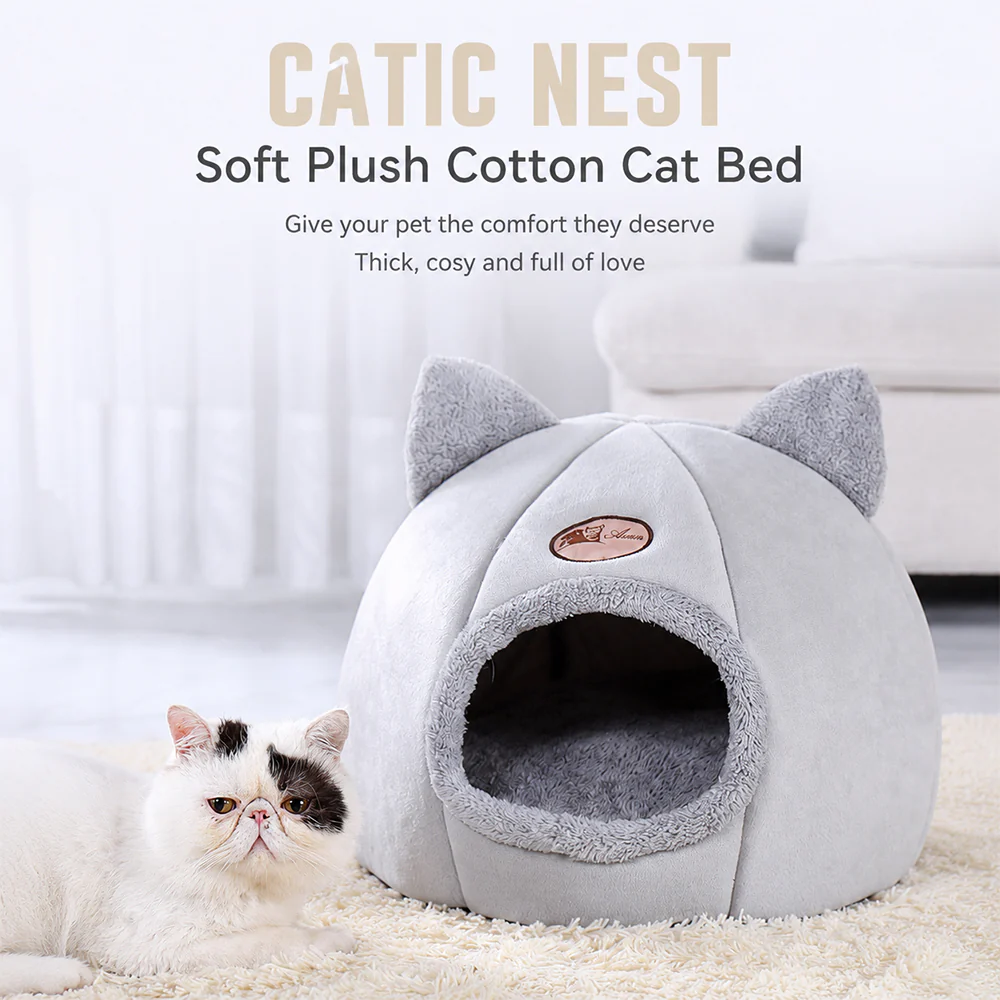 Enclosed Cat Bed House Cozy Warm Grey Large - Image 11