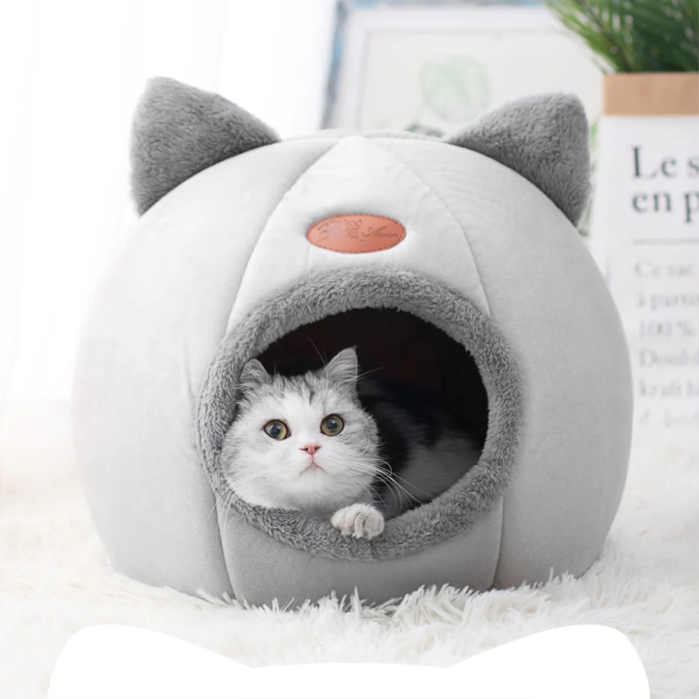 Enclosed Cat Bed House Cozy Warm Grey Large - Image 12