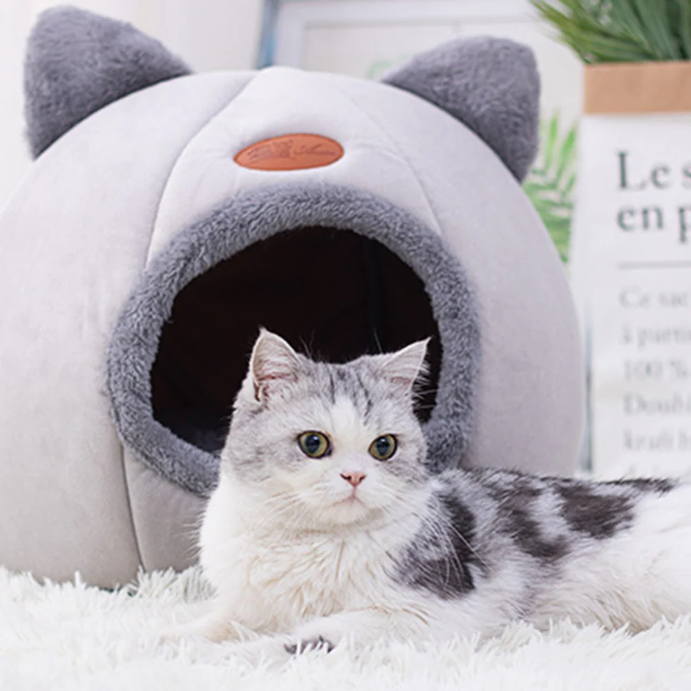 Enclosed Cat Bed House Cozy Warm Grey Large - Image 3