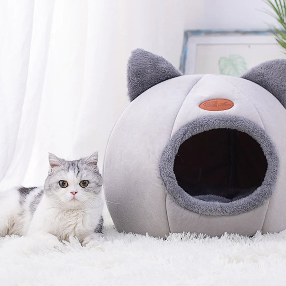 Enclosed Cat Bed House Cozy Warm Grey Large - Image 5
