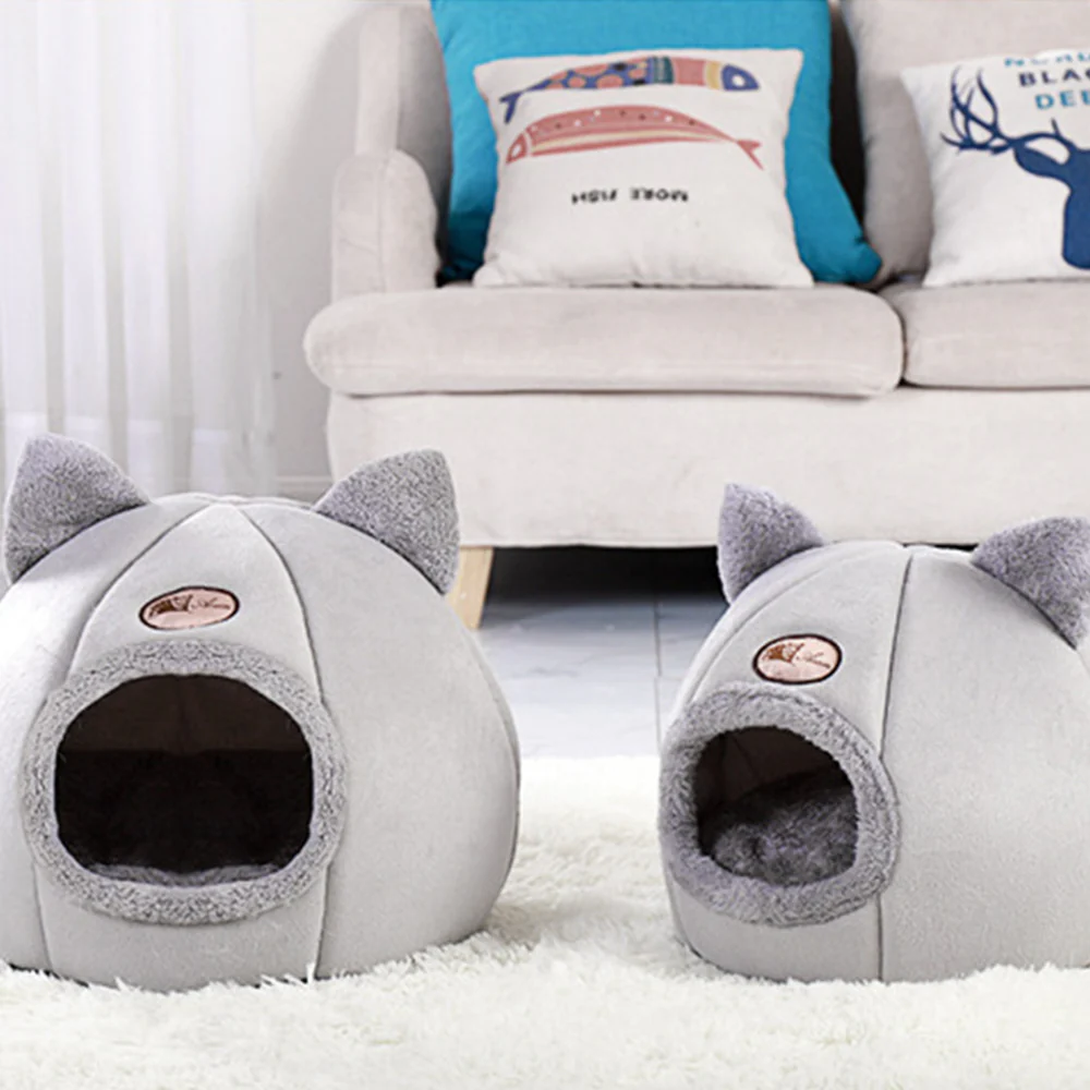 Enclosed Cat Bed House Cozy Warm Grey Large - Image 7