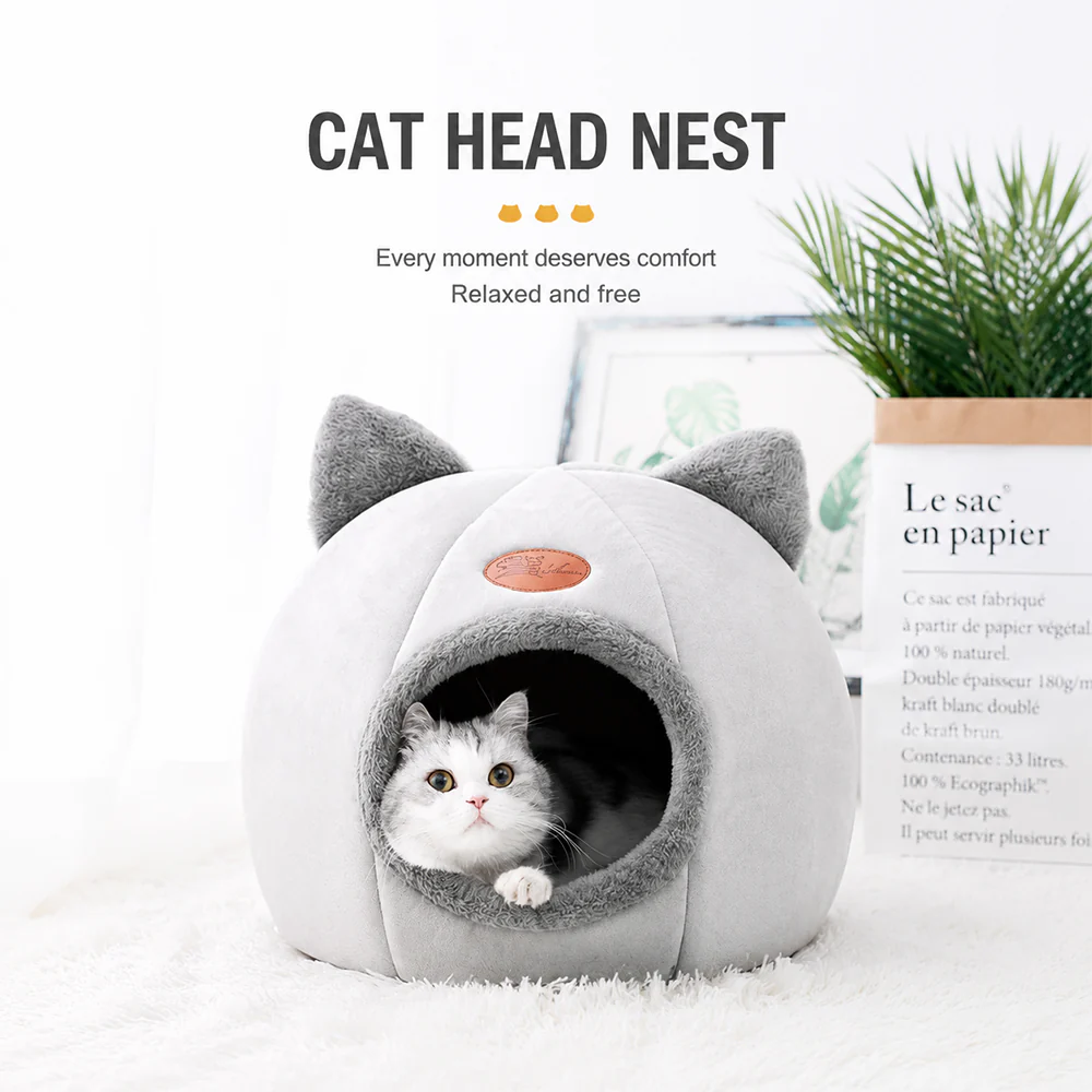 Enclosed Cat Bed House Cozy Warm Grey Large - Image 8