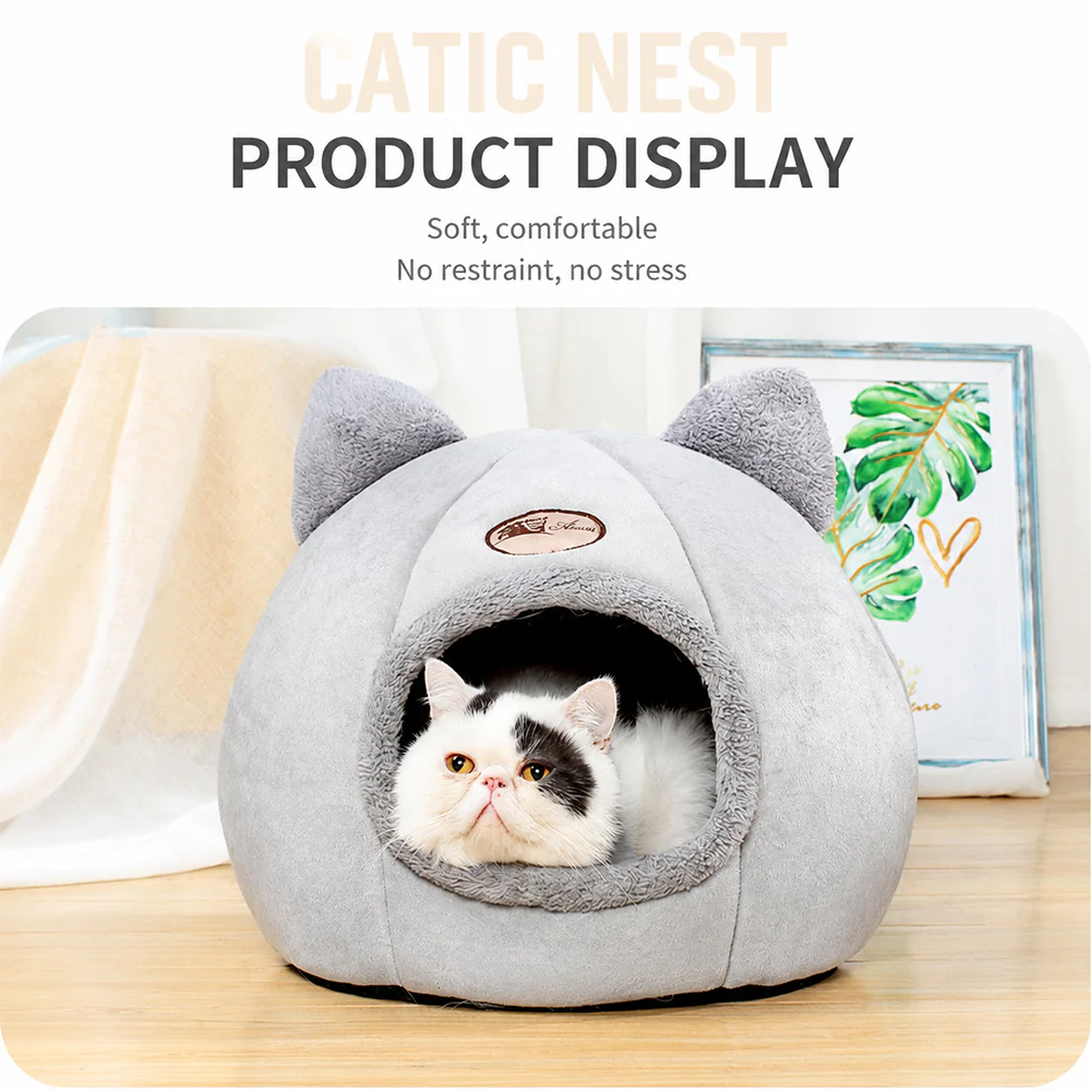 Enclosed Cat Bed House Cozy Warm Grey Large - Image 9