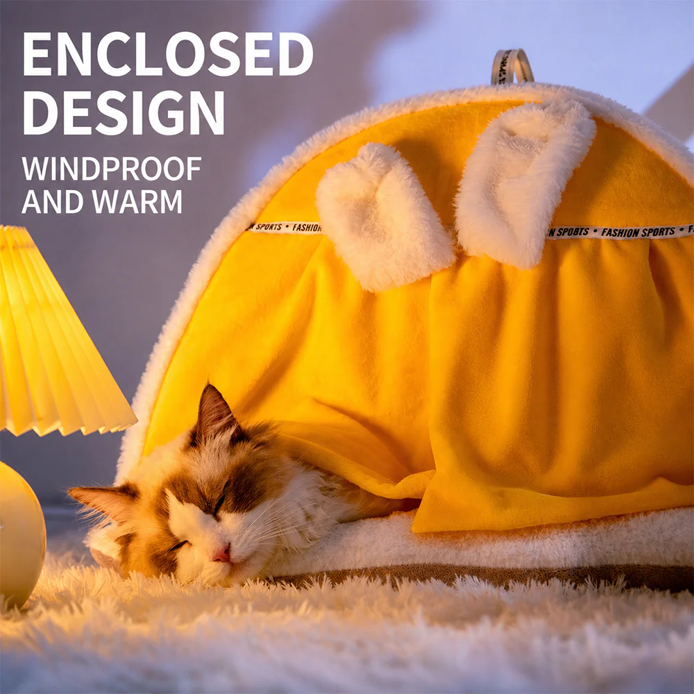 Enclosed Cat Bed | Warm House with Curtain — Bunny Design Size M - Image 3