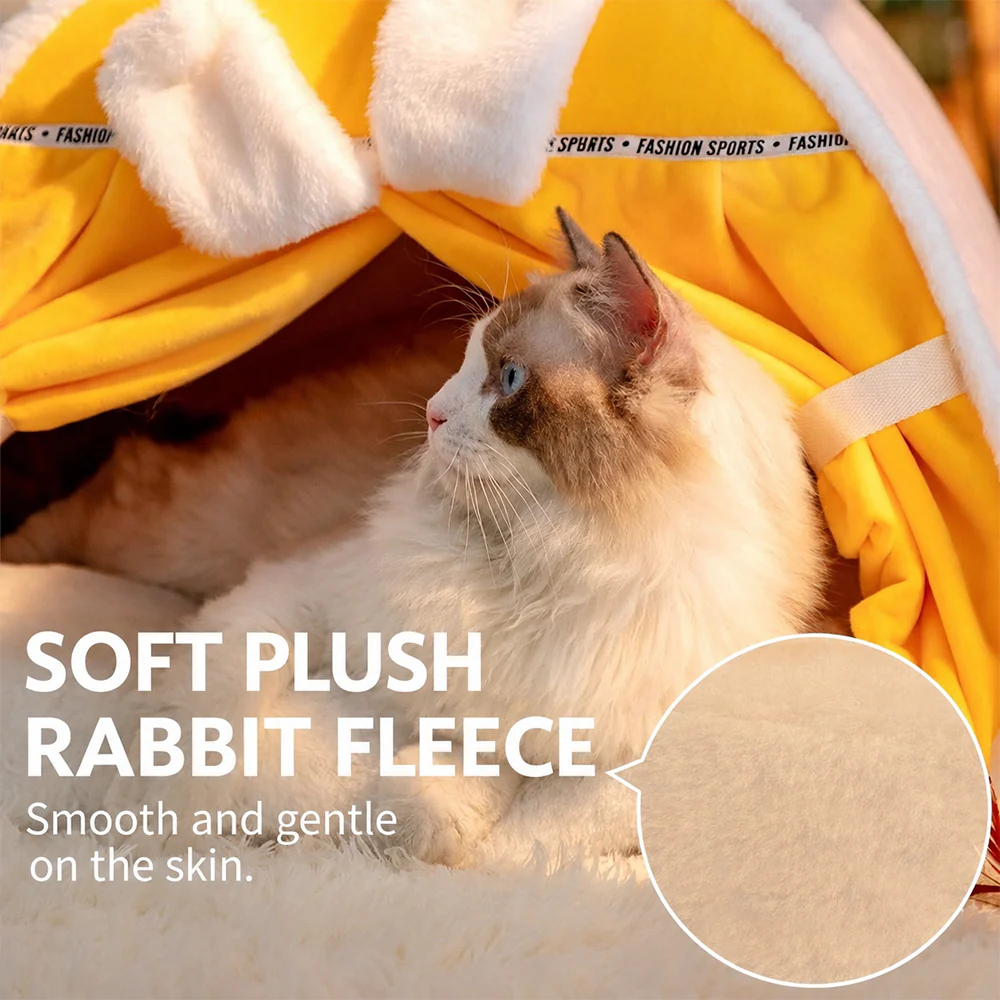 Enclosed Cat Bed | Warm House with Curtain — Bunny Design Size M - Image 4