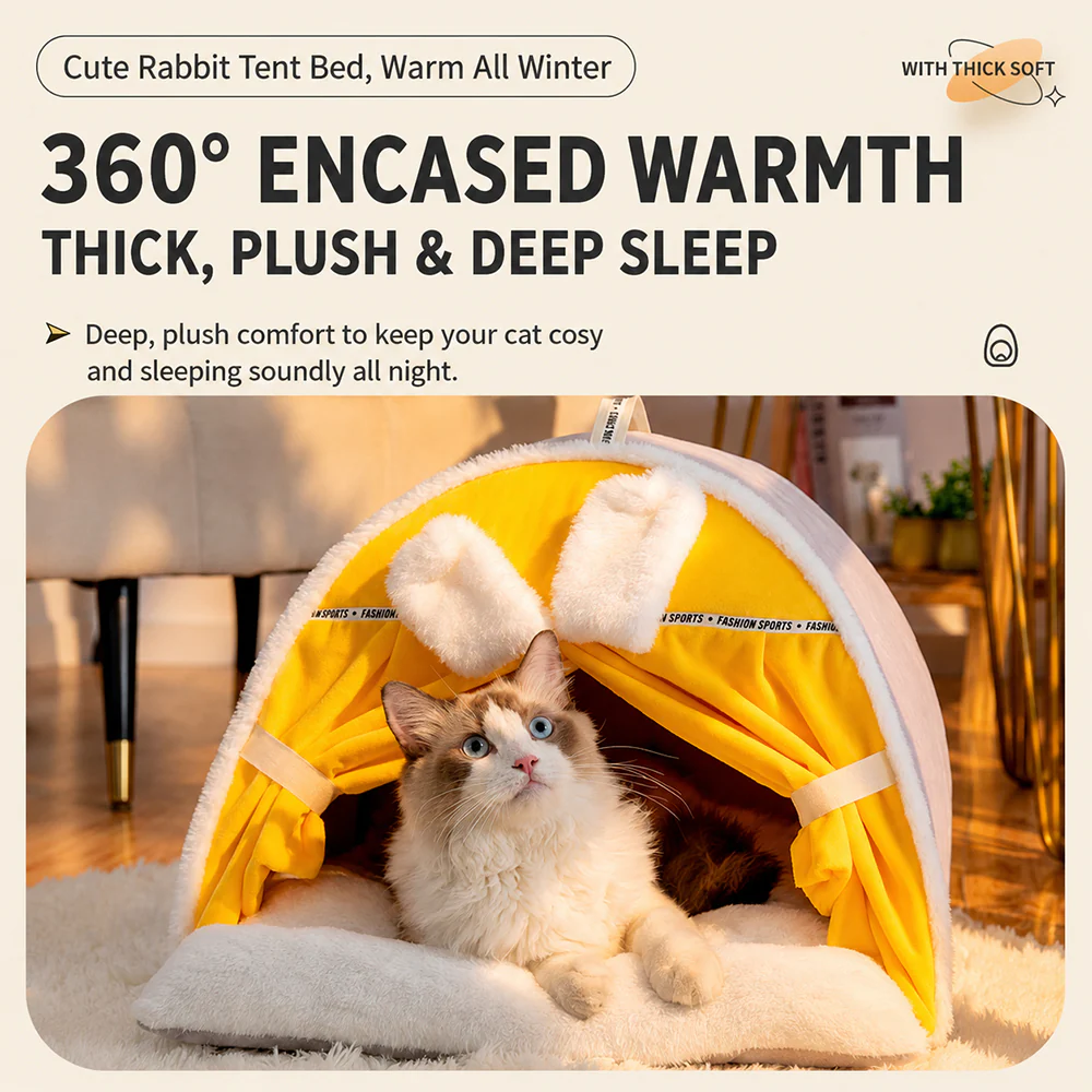 Enclosed Cat Bed | Warm House with Curtain — Bunny Design Size M - Image 5