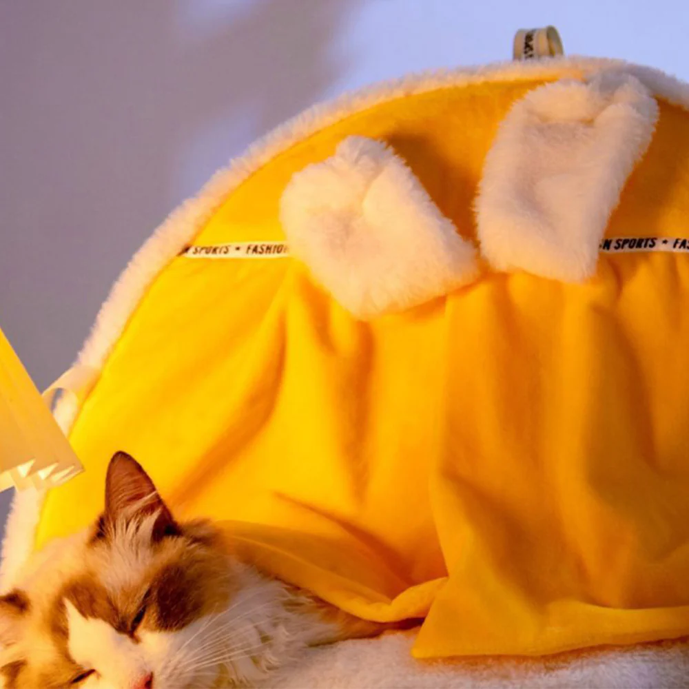 Enclosed Cat Bed | Warm House with Curtain — Bunny Design Size M - Image 6