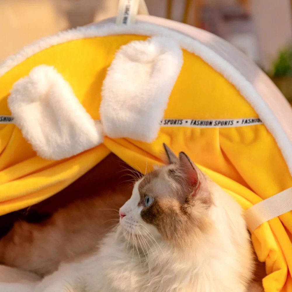 Enclosed Cat Bed | Warm House with Curtain — Bunny Design Size M - Image 7
