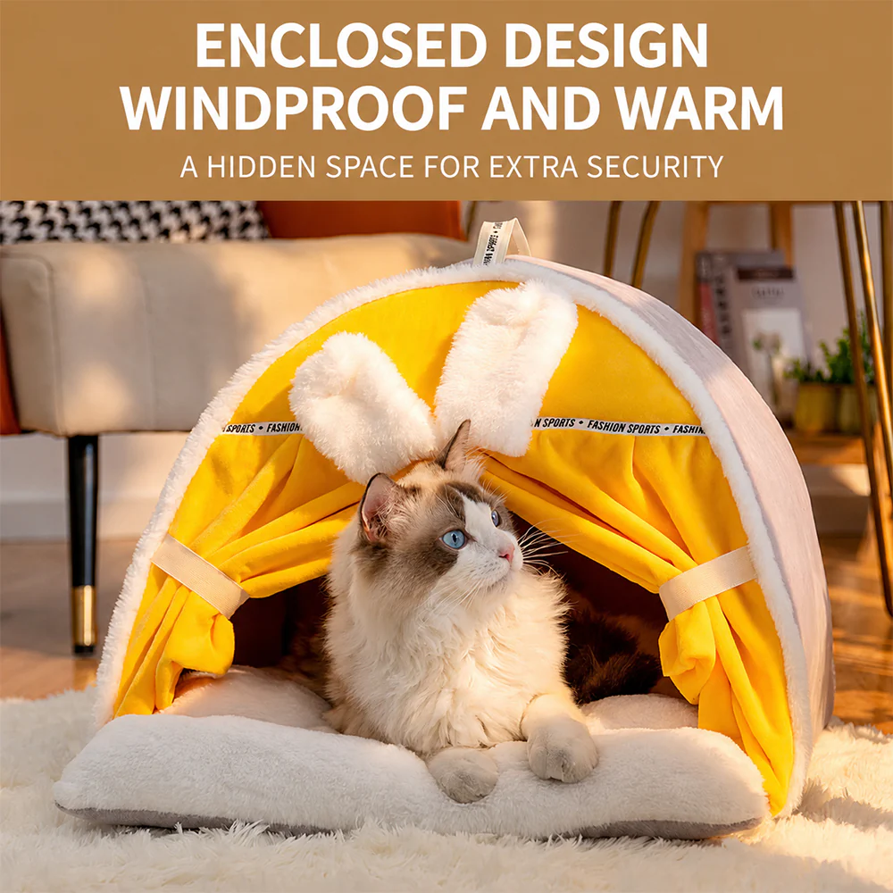 Enclosed Cat Bed | Warm House with Curtain — Bunny Design Size M - Image 8