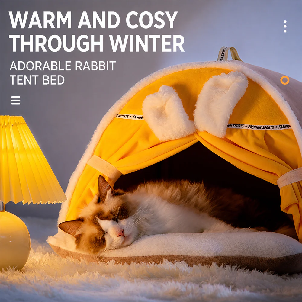 Enclosed Cat Bed | Warm House with Curtain — Bunny Design Size M - Image 9