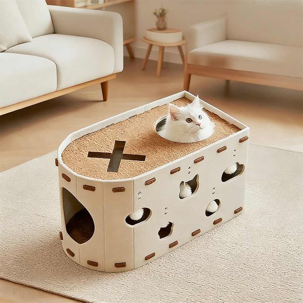 Felt Cat Cave Bed With Scratching Pad - Durable All-Season Hideaway - 52x30x30cm - Cream - Image 2