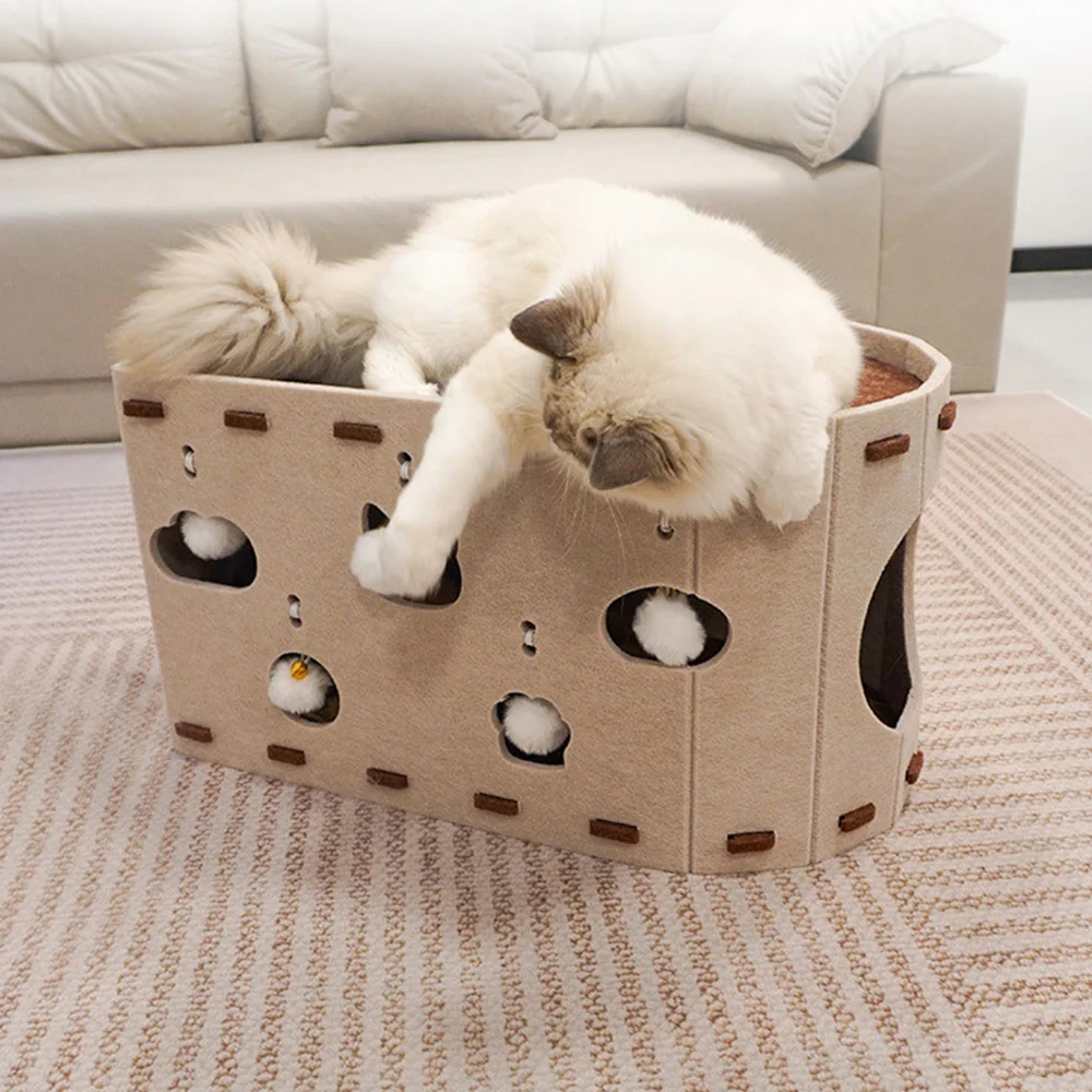 Felt Cat Cave Bed With Scratching Pad - Durable All-Season Hideaway - 52x30x30cm - Cream - Image 3