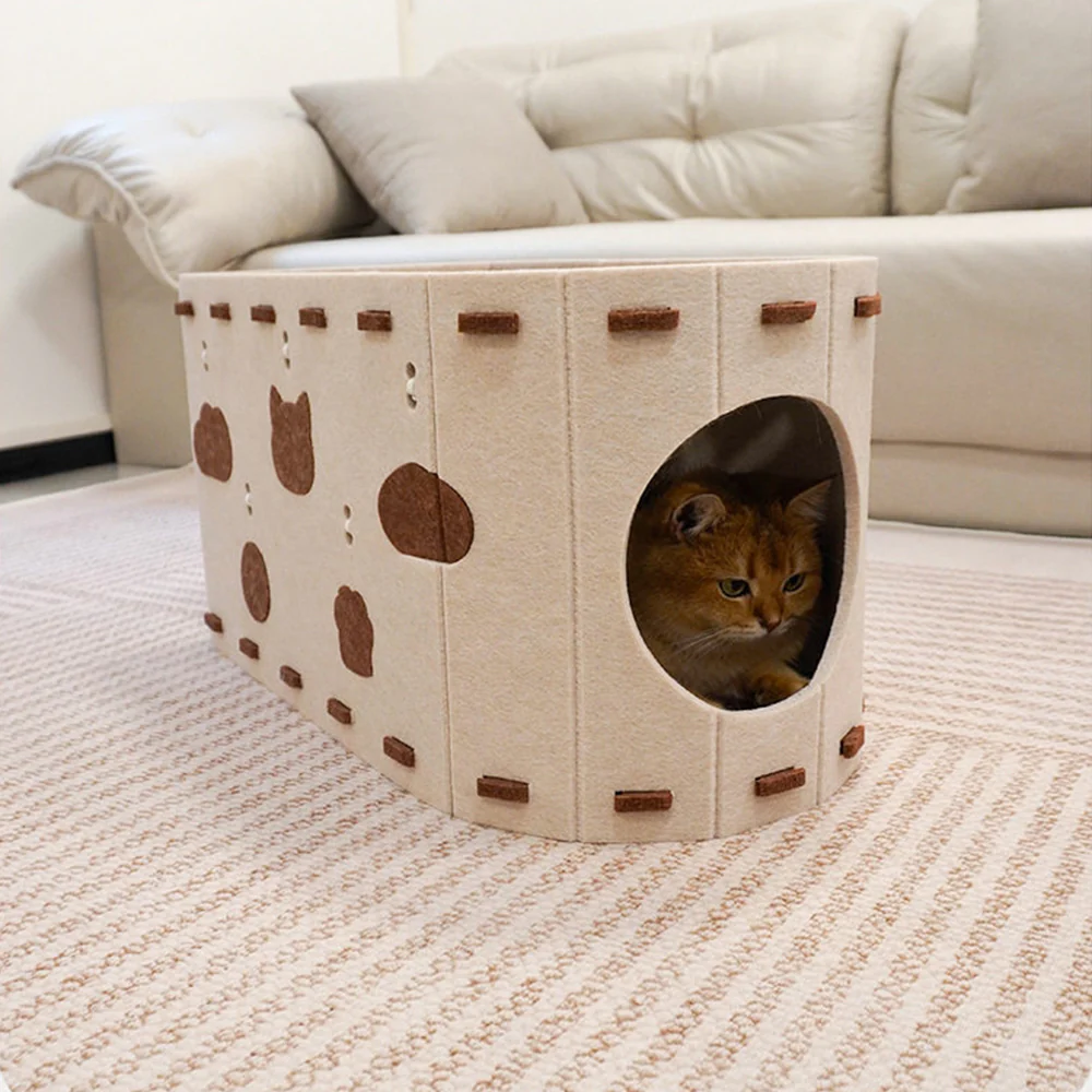 Felt Cat Cave Bed With Scratching Pad - Durable All-Season Hideaway - 52x30x30cm - Cream - Image 4