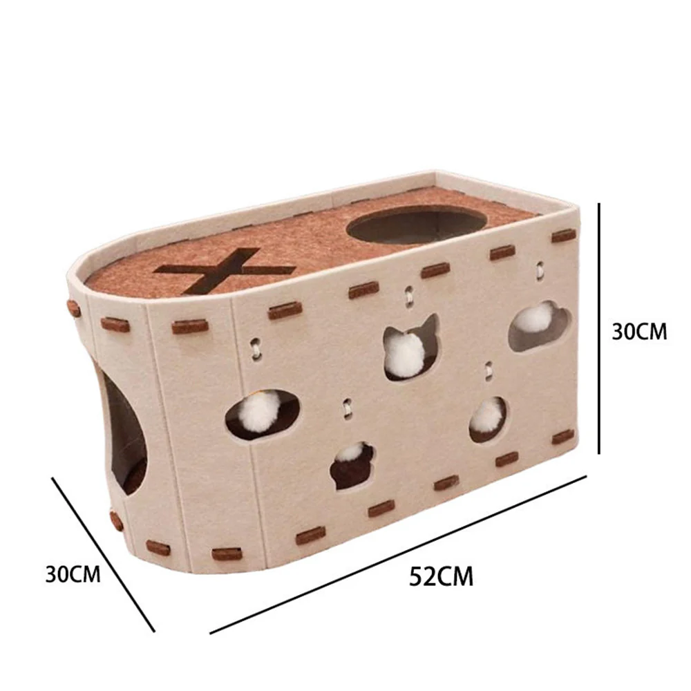 Felt Cat Cave Bed With Scratching Pad - Durable All-Season Hideaway - 52x30x30cm - Cream - Image 5