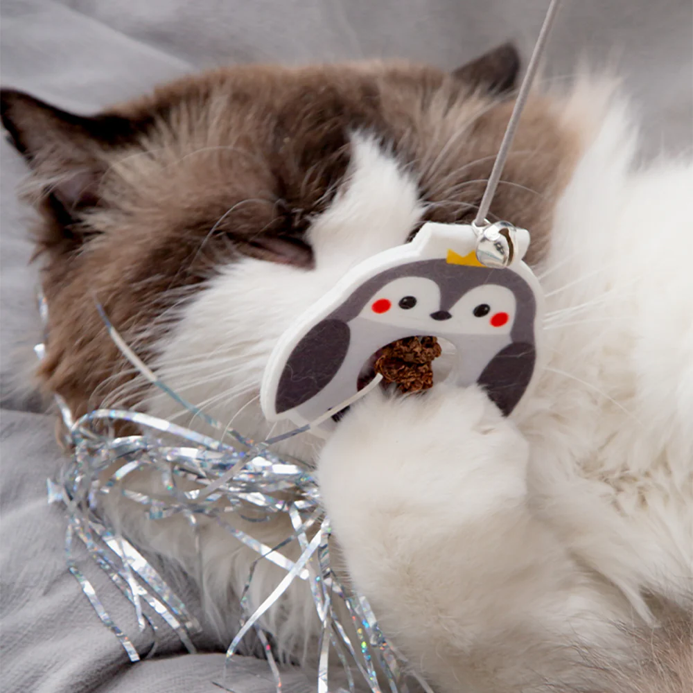 Grey Penguin Hanging Door with Elastic Swing & Catnip Ball Cat Toy - Image 3