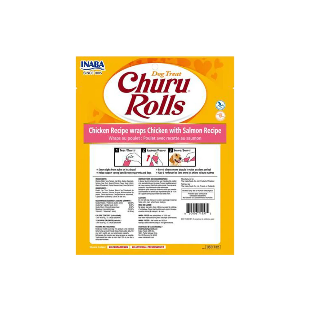 INABA Churu Rolls Chicken with Salmon Recipe Chicken Wraps Dog Treats 8x12g - Image 2