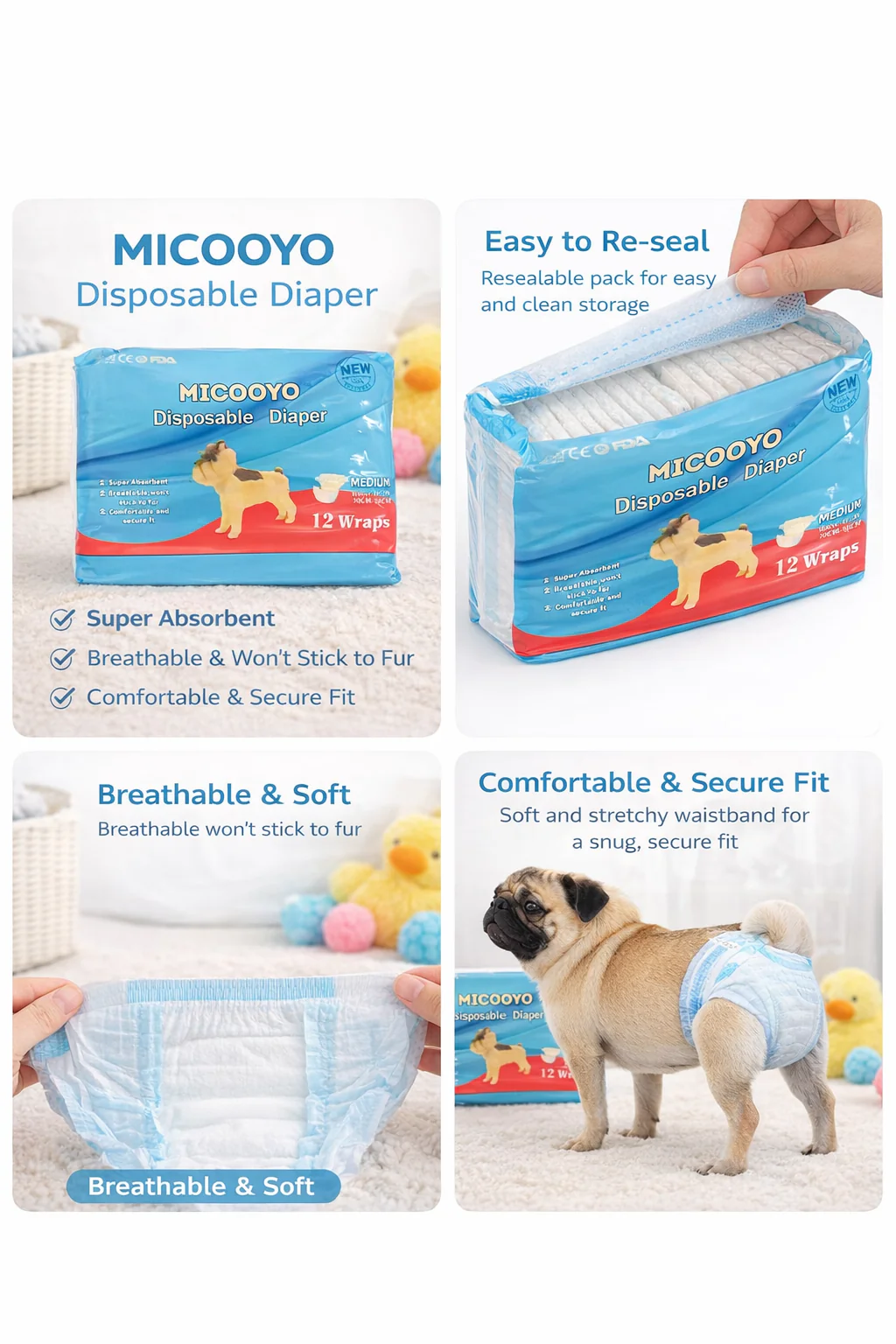 MICOOYO Disposable Dog Diapers – Medium Size, 12 Pack - Image 2