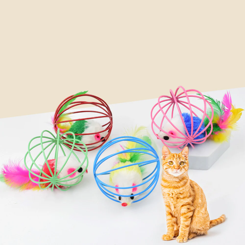 Multi-Color Feather-Tailed Mouse Trapped in Wire Cage Random Colour Cat Toy - Image 3