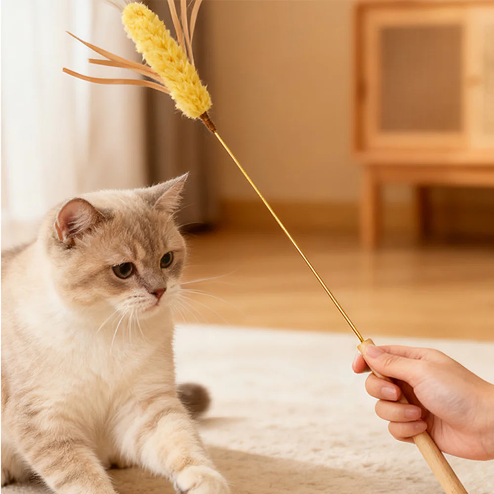 Natural Wheat Ear Cat Teaser Wand - Wooden Handle Interactive Toy - Image 4