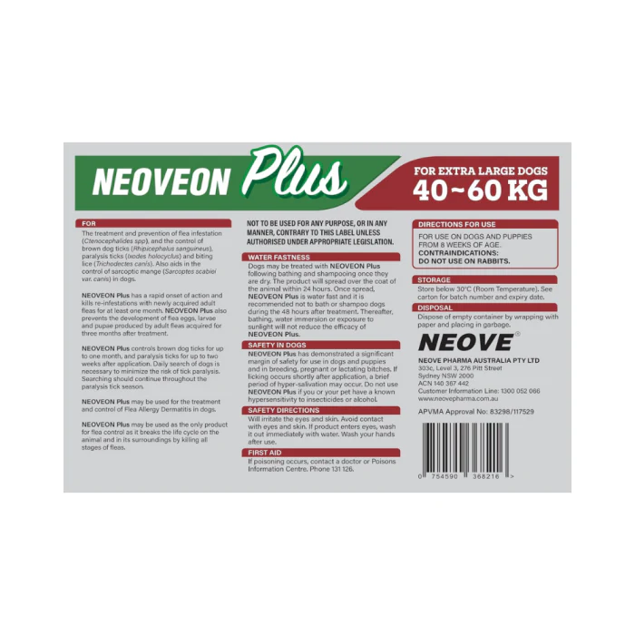 NEOVEON PLUS Fleas And Ticks For Extra Large Dogs 40-60kg 4x4.02mL Tubes Red - Image 3
