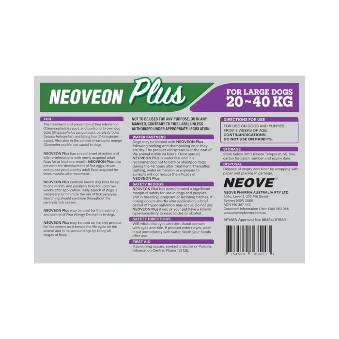 NEOVEON PLUS Fleas And Ticks For Large Dogs 20-40kg 4x2.68mL Tubes Purple - Image 3