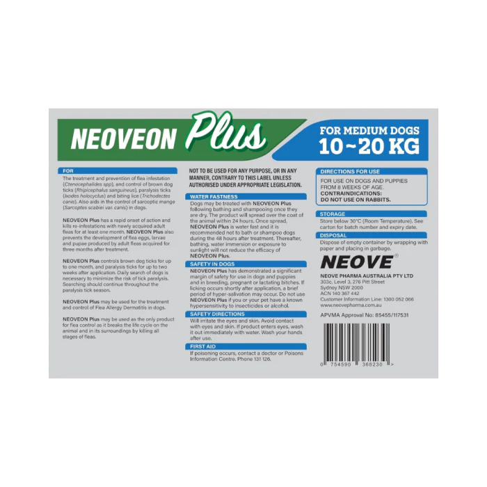 NEOVEON PLUS Fleas And Ticks For Medium Dogs 10-20kg 4x1.34mL Tubes Blue - Image 3