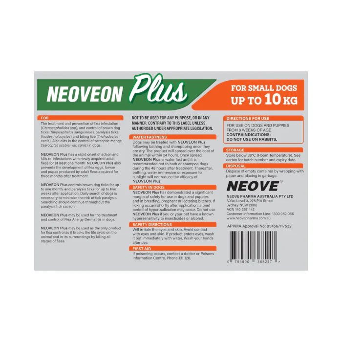 NEOVEON PLUS Fleas And Ticks For Small Dogs Up To 10kg 4x0.67mL Tubes Orange - Image 3
