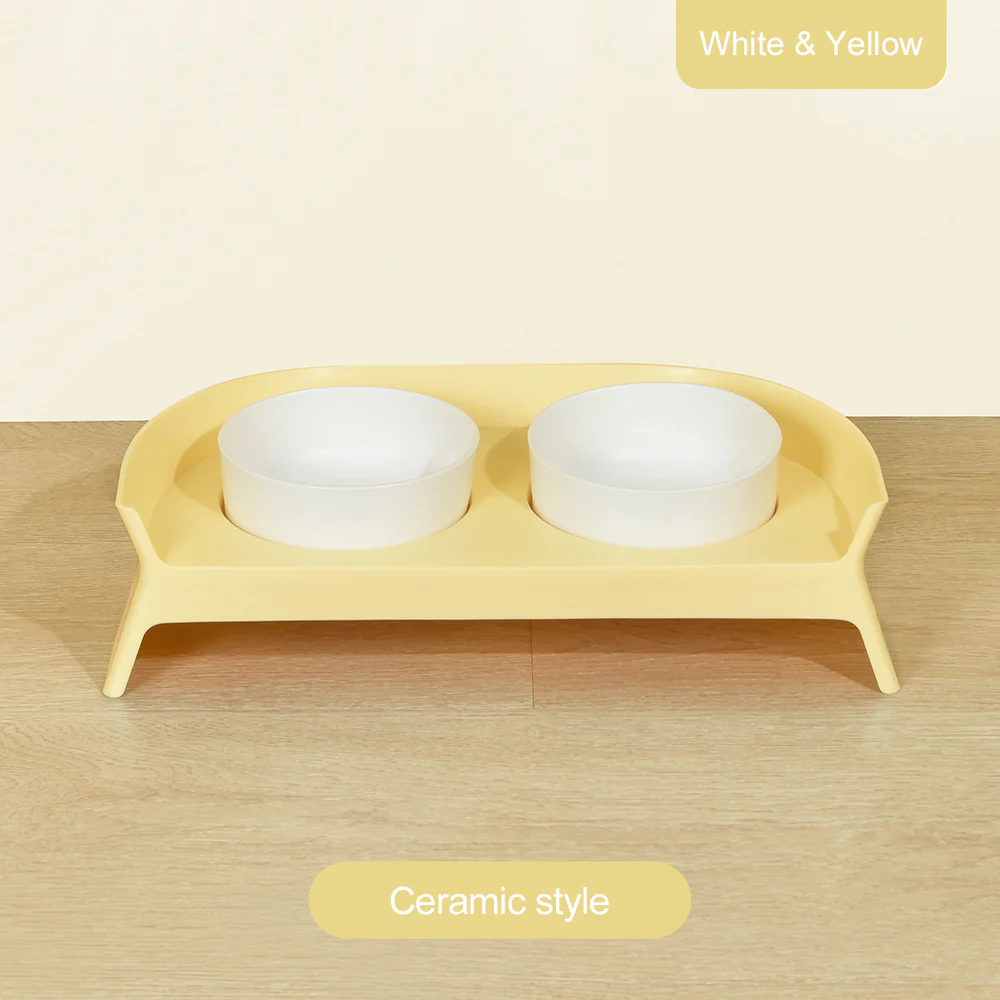PAKEWAY Double Ceramic Bowls With Rack White & Yellow - Image 2