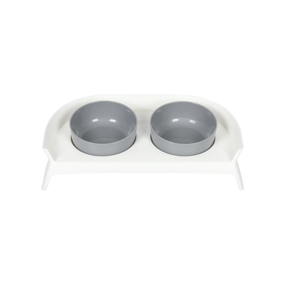 PAKEWAY White Double Plastic Pet Bowls with Grey Rack