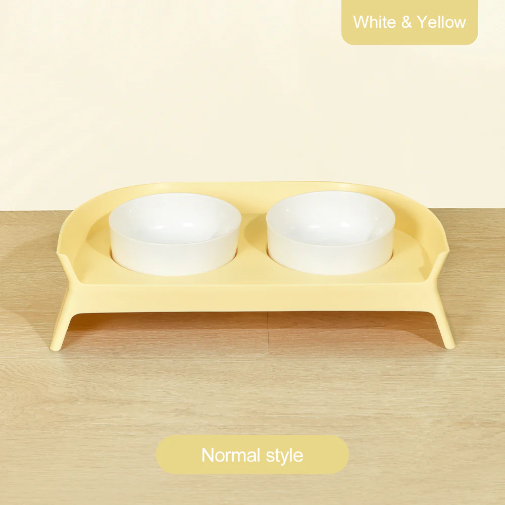 PAKEWAY White Double Plastic Pet Bowls with Yellow Rack - Image 2