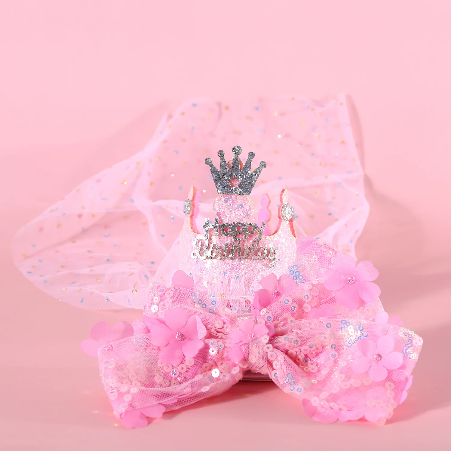 Pink Crown Glitter Pet Birthday Headgear Set - Image 2