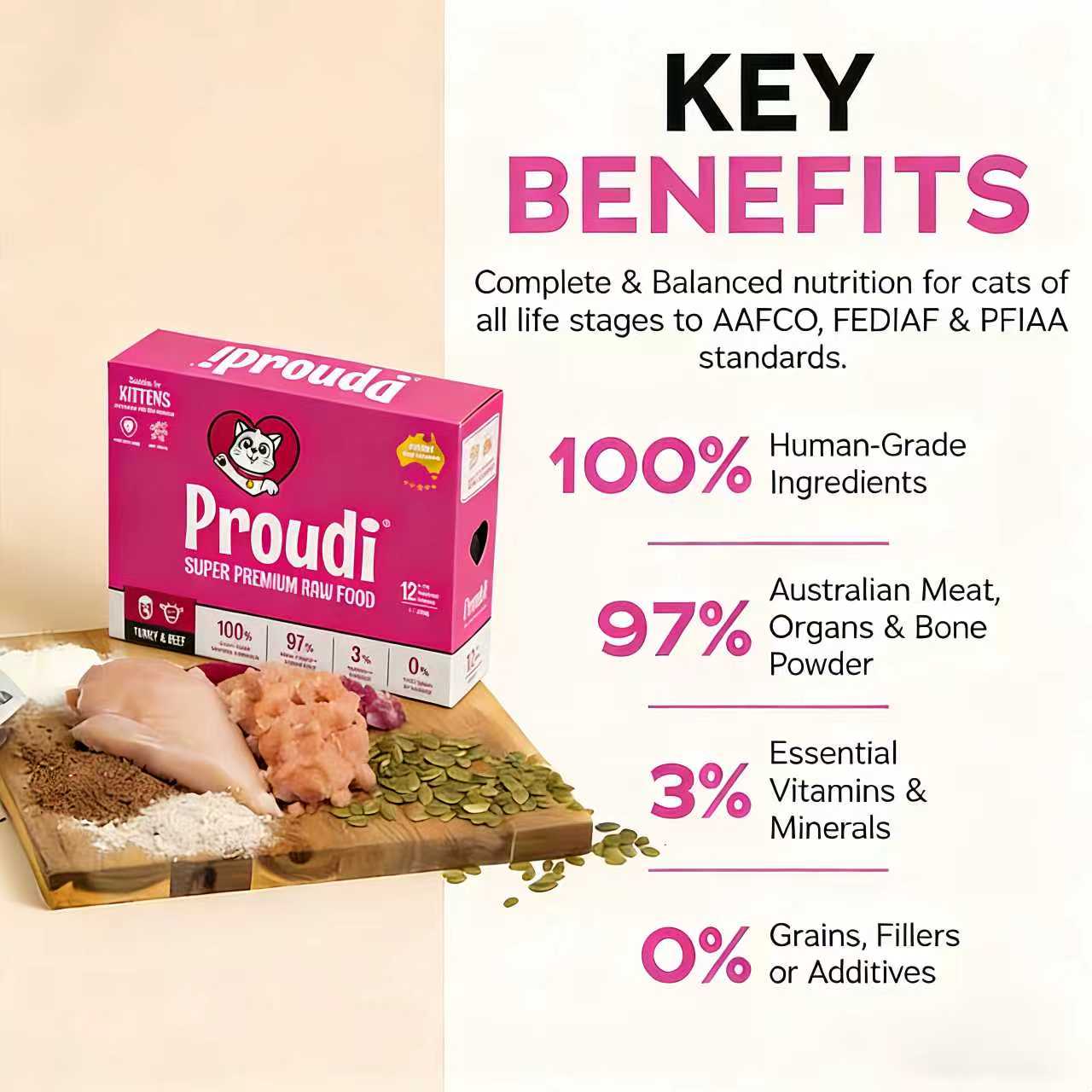 PROUDI Premium Frozen Turkey & Beef Raw Kitten Food 1.08kg - Image 3