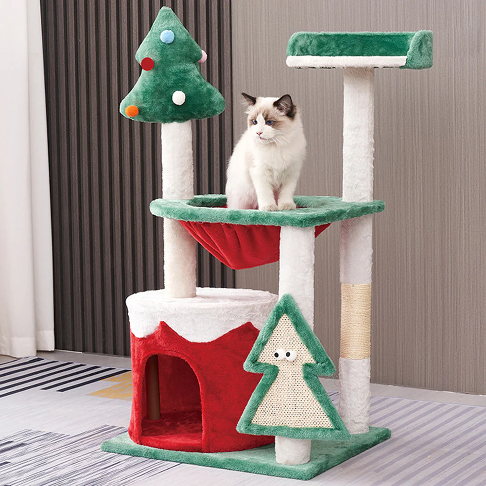 Red & Green Patchwork Christmas Cat House And Tree - Image 6