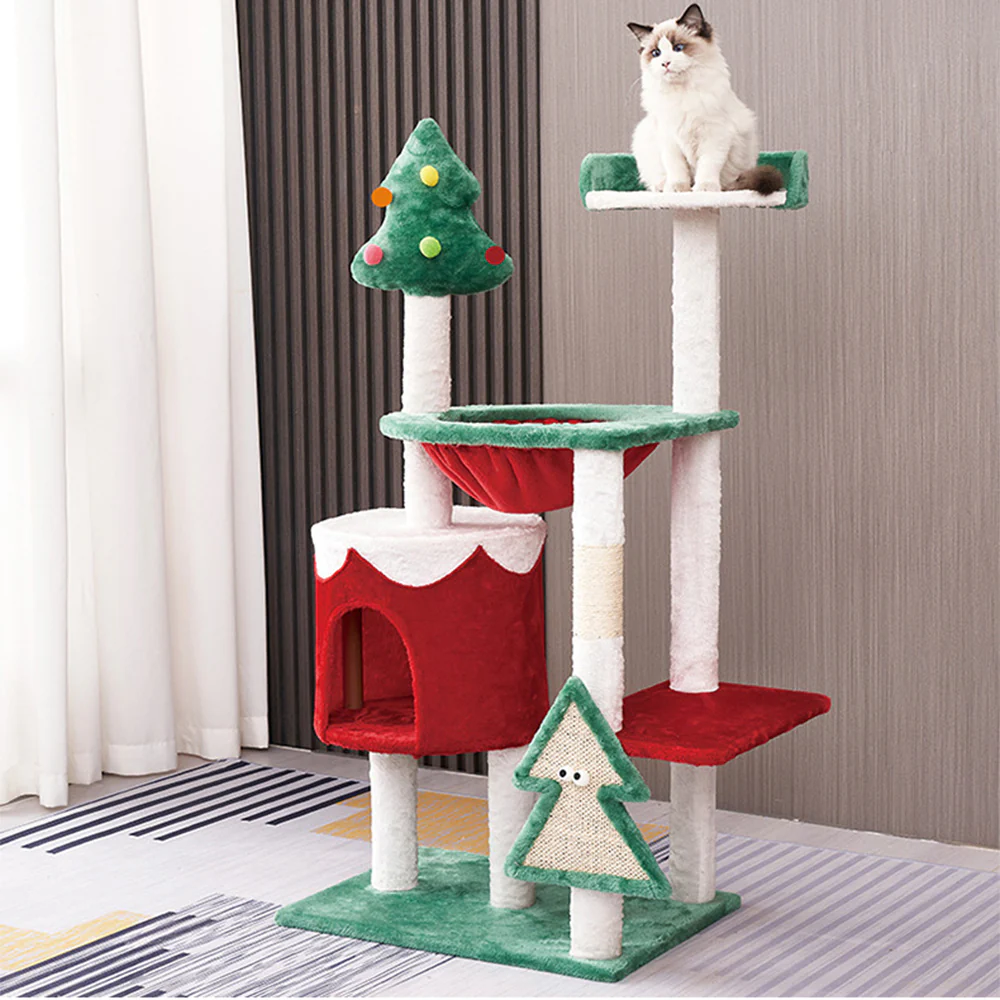 Red & Green Patchwork Christmas Cat House And Tree - Image 7