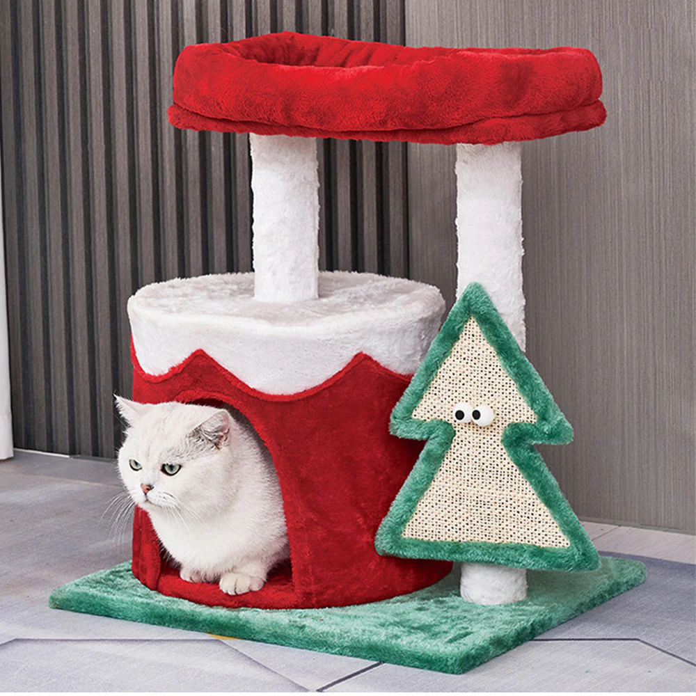 Red & Green Patchwork Christmas Cat House And Tree - Image 8